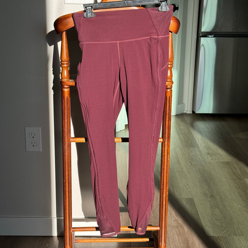 Athleta High Rise Leggings Laser Cut Mesh Trim Burgundy Sz S Yoga Gym